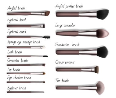 Makyaj kozmetik fırçaları gerçekçi modelleri izole eder. Açı, kaş ve kapatıcı, temel, göz kalemi ve dudak 3d vektör fırçaları, kadın makyaj malzemeleri veya güzellik aksesuarları.