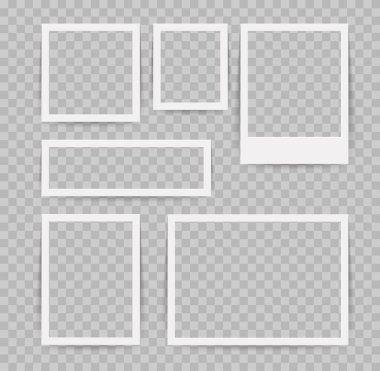 Gölgeli fotoğraf çerçevesi. Saydam arkaplan üzerindeki anlık fotoğraf makinesi resmi, fotoğraf albümü, duvar veya sergi resmi gerçekçi vektör çerçeve veya kartı