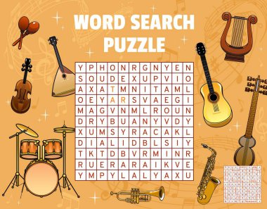 Müzik aletleri ve ses dalgaları kelime arama yapboz çalışma kağıdına notlar ile. Çocuklar yarışma sistemi, anaokulu çocukları zeka testi ya da kelimelerle yazılmış eğitim bulmacası görevleri bulur