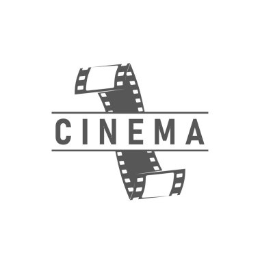 Sinema ikonu, film şeritli sinema amblemi, vektör sinematografi amblemi. Sinema tiyatrosu veya film stüdyosu prömiyer veya televizyon kanalı sembolü için retro video kamera film şeridi işareti