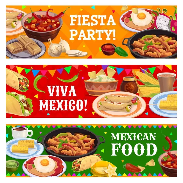 Mexican cuisine meals, drinks, fruits and snacks. Fiesta party and Mexico food festival, Tex Mex meals vector banner with corn, tacos and burrito, guacamole, nachos, jalapeno, enchiladas and bean stew