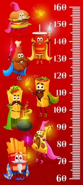 Kinder Höhendiagramm Cartoon Fastfood Magier Und Zauberer Charaktere Vektorwachstumsmesser Babygroßer — Stockvektor