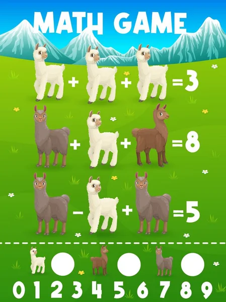 Feuille Calcul Lama Vicuna Guanaco Jeu Puzzle Comptage Vectoriel Éducation — Image vectorielle