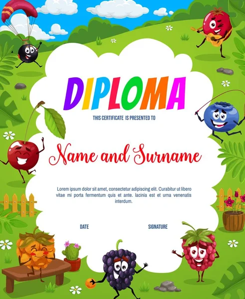 Kids Diploma Cartoon Berry Characters Summer Vacation Educational School Kindergarten — Stock Vector