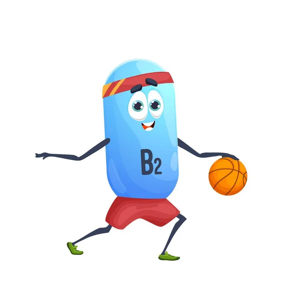 Cartoon Βιταμίνη Χαρακτήρα Παίκτη Μπάσκετ Απομονωμένη Διανυσματική Αστεία Κάψουλα Ριβοφλαβίνης — Διανυσματικό Αρχείο