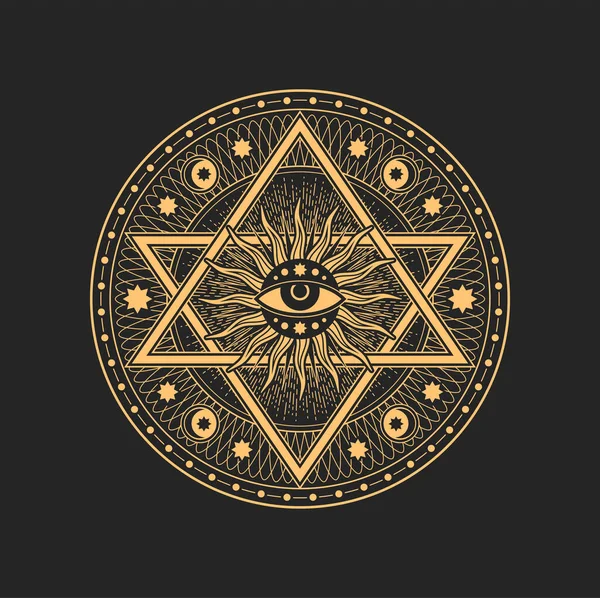 Pentagrama Con Ojo Mágico Estrella Satánica Círculo Rayos Solares Sol — Archivo Imágenes Vectoriales