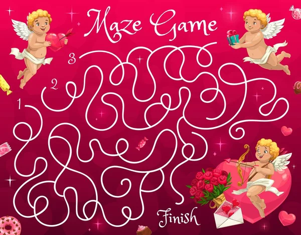 迷路ゲーム 漫画のキューピッドと天使 ベクトルパズルワークシート 迷路の謎は 愛の矢と手紙 チョコレートキャンディーとバレンタインの花を持つキューピッド天使のための心への道を見つけるために — ストックベクタ
