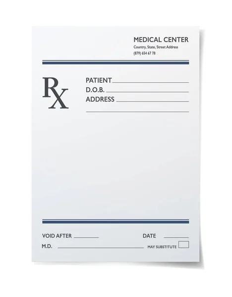 Realistica Prescrizione Medica Forma Foglio Carta Bianca Vettoriale Farmacia Ospedale — Vettoriale Stock