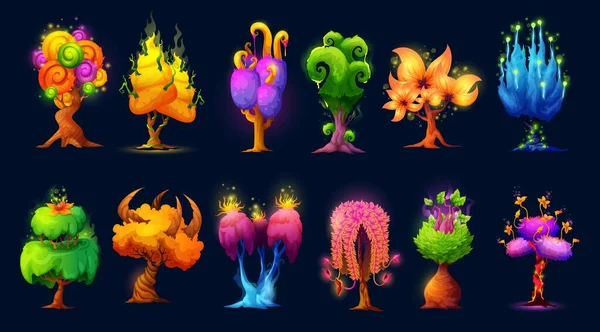 幻想的なエイリアンの魔法の木や植物のゲーム資産 妖精の森ベクトル珍しい植物やおとぎ話の沼発光木 ファンタジージャングル輝く花 輝くカラフルな葉を持つ奇妙な木 — ストックベクタ