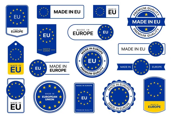 Fabricado Iconos Calidad Europa Etiquetas Con Bandera Insignia Garantía Producto — Archivo Imágenes Vectoriales