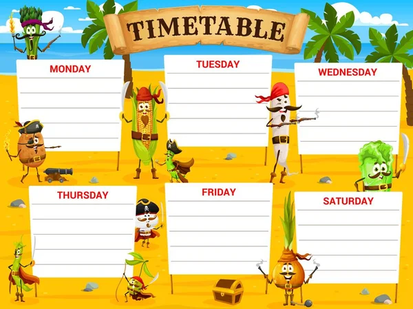 Education Timetable Schedule Cartoon Vegetable Pirates Corsairs Characters Vector School — Stock Vector