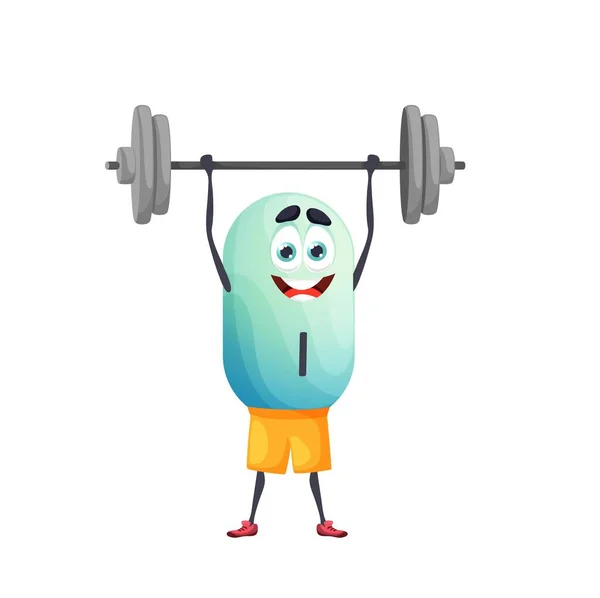 卡通人物碘运动员与杠铃 孤立的病媒有趣我胶囊人健美运动锻炼 维生素运动员在体育馆里进行举重锻炼 强营养蓝色泡菜运动员 — 图库矢量图片