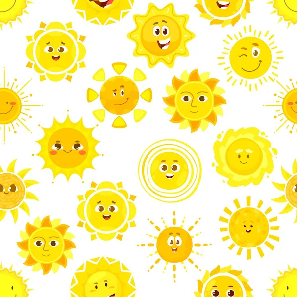 太阳字符无缝模式 卡通矢量笑着和笑着可爱的人物与滑稽的情感 用于包装纸 纺织品 墙纸或织物设计的正面太阳能童装背景 — 图库矢量图片