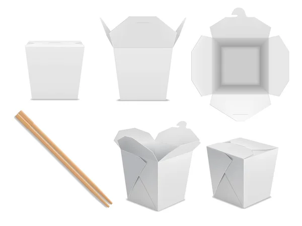 アジアの麺箱のパッケージモックアップ アジアのWok麺紙パッケージと中国のテイクアウトファーストフードボックス現実的なモックアップ 日本のレストランの食事段ボール3Dベクトルコンテナ — ストックベクタ