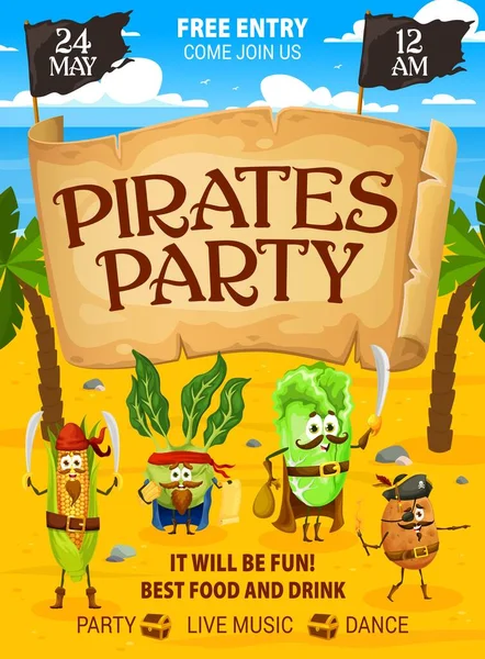 Pirates Party Flyer Cartoon Vegetable Pirates Corsairs Characters Vector Poster — Stock Vector