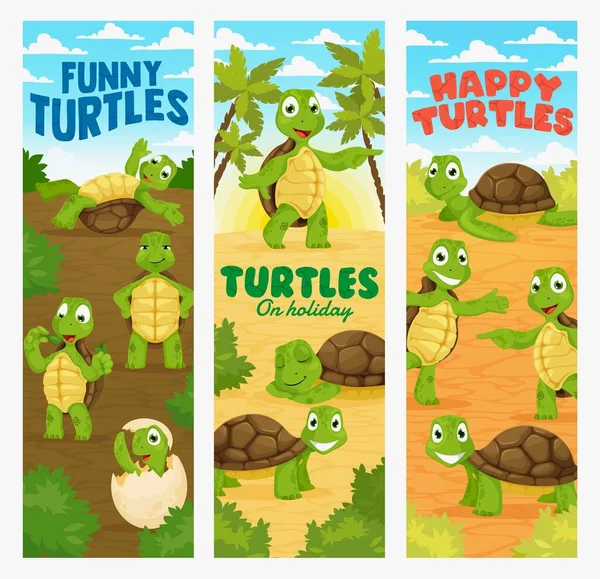 Cartoon Schildpadden Leuke Schildpad Dierlijke Karakters Verticale Vector Banners Kinderen — Stockvector