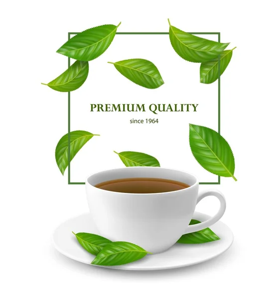 Realistyczne Spadające Liście Herbaty Filiżanka Lub Kubek Ziołowego Aromatycznego Napoju — Wektor stockowy