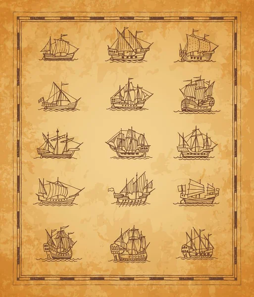 老式帆船和帆船 旧船草图 古代地图或海洋地理羊皮纸背景 配有手工绘制的历史性战列舰和帆船 海盗雕刻的护卫舰 — 图库矢量图片