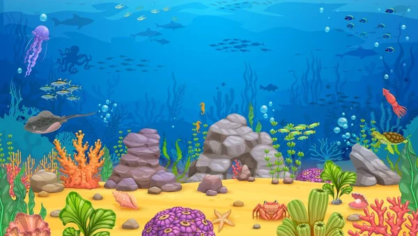 漫画水中の風景 海の底 サンゴ 岩や動物とゲームのベクトル背景 熱帯海床 海洋水生シーン 海底ゲームレベルの世界 — ストックベクタ