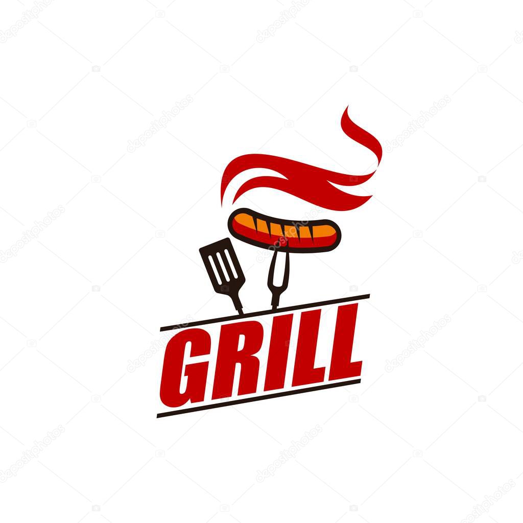 Grill restaurant, barbeque equipment icon or label. BBQ cafe, butchery shop or grill cooking party vector emblem or sign with hot steaming sausage on fork, spatula and red typography