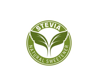 Stevia tatlandırıcı ikon bırakıyor. Stevia ürün etiketi, doğal gıda vektör damgası. Sağlıklı ve doğal gıda ürünü yeşil etiket veya çıkartma. Stevia daha tatlandırıcı simge veya rozet bırakır