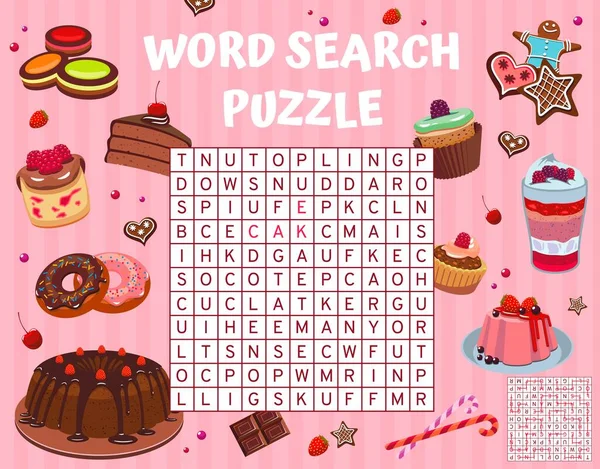 Cartoon Cakes Pies Desserts Word Search Puzzle Game Worksheet Vector — Stock Vector