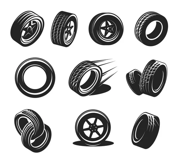 Car Tyre Icons Wheel Tire Rim Disk Monochrome Vector Retro — Stock Vector