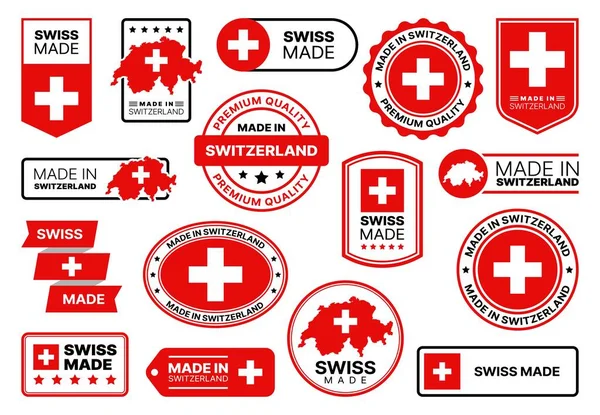 Feito Suíça Ícones Qualidade Suíços Etiquetas Com Bandeira Nação Europeia — Vetor de Stock
