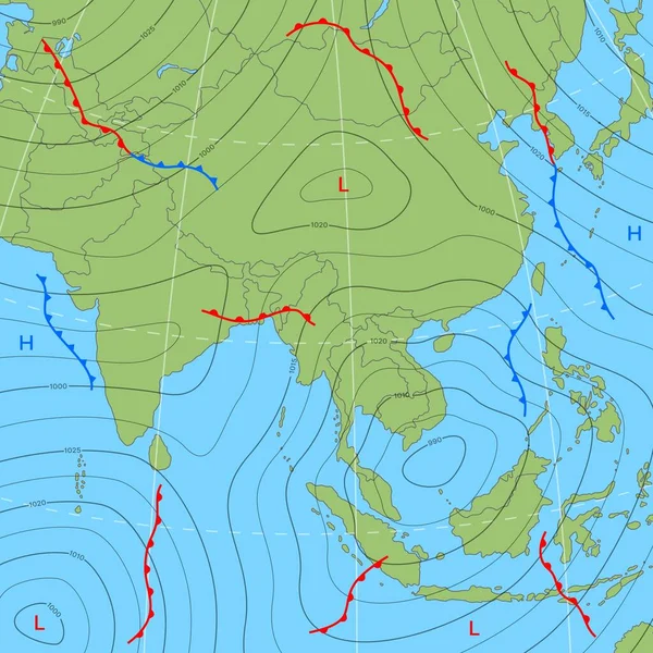 Πρόγνωση Καιρού Ισοβάρ Χάρτη Της Ασίας Μετώπες Ανέμου Και Θερμοκρασία — Διανυσματικό Αρχείο