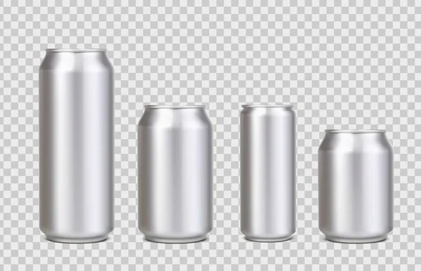Realistisk Läsk Aluminiumburkar Dricka Silver Mockups Karbonerade Dryckesförpackningar Modell Alkohol — Stock vektor