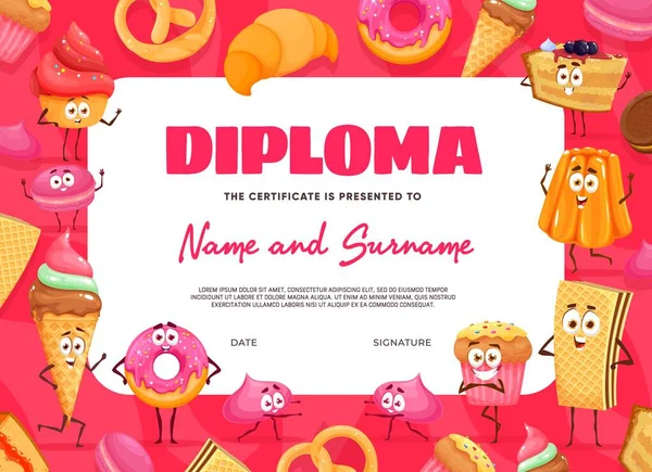 Diploma Crianças Doces Desenhos Animados Padaria Personagens Sobremesa Certificado Educação — Vetor de Stock
