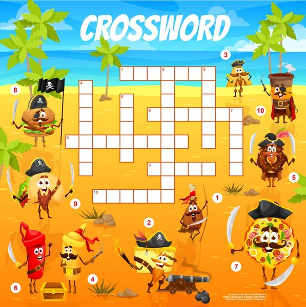 Crossword Grid Cartoon Captain Piratas Fast Food Personagens Jogo Perguntas — Vetor de Stock