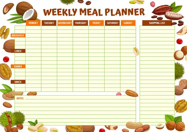 Tygodniowy Plan Posiłków Kreskówkowe Orzechy Planer Menu Dietetycznego Lista Zakupów — Wektor stockowy