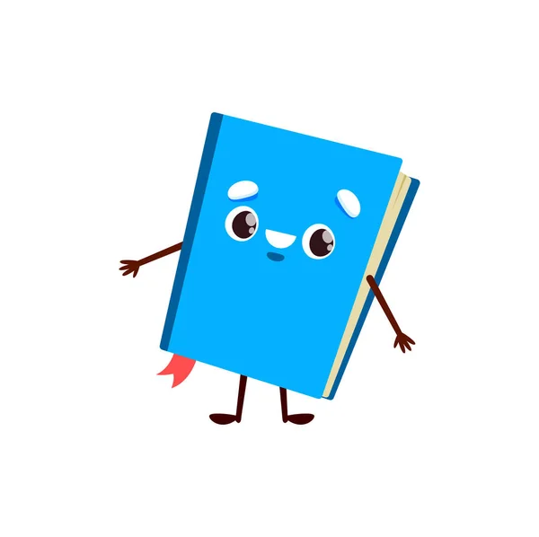 青いカバー フレンドリーな本 ノートブック 百科事典やベストセラーの文字で漫画の面白い教科書 隔離されたベクトルの子供たち教育の性格 図書館のマスコット 肯定的な感情を持つ幸せなかわいい本 — ストックベクタ