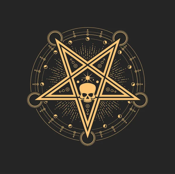 Ezoterikus Okkult Pentagram Emberi Koponya Félhold Csillagok Szimbólumok Körül Vektor — Stock Vector