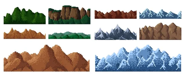 8Bit Pixel Game Mountains Hills Background Vector Retro Bit Pixel — Stock Vector