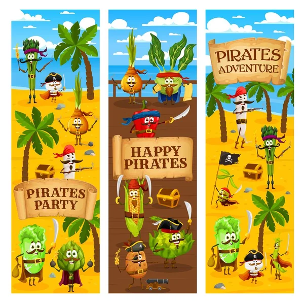 Карикатурные Пираты Корсары Векторные Карибские Баннеры Пиратский Остров Приключения Сокровища — стоковый вектор