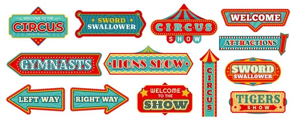 Circus Carnaval Borden Retro Pijl Banners Vintage Labels Vector Marquee — Stockvector