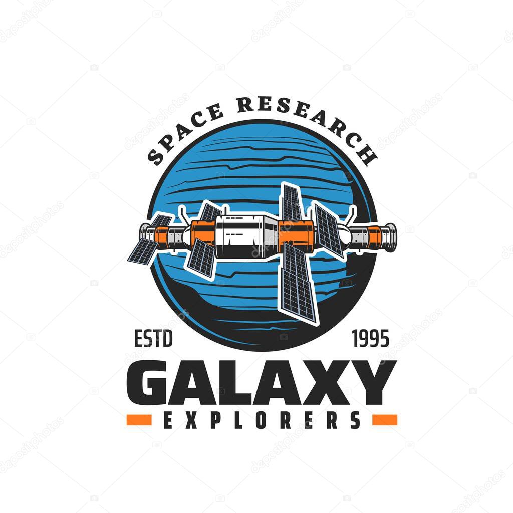 Orbital station in galaxy, space planets exploration and research mission vector symbol. Cosmic orbital station spaceflight to moon, satellite or rocket shuttle and scientific orbiter spacecraft icon