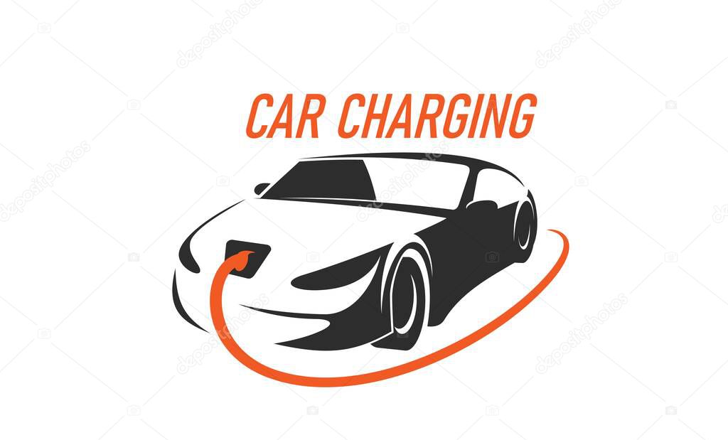 Electric car charge service icon. EV or hybrid vehicles charging station or maintenance service vector symbol, graphic icon or sign with modern electric car plugged with charger power cable