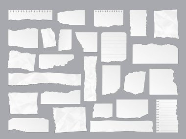 Beyaz yırtık kâğıt parçaları yırtıklar, kenarlar, sayfa kırıntıları, vektör defter parçaları. Beyaz yırtık kağıt ve boş sayfa parçaları, kare mesaj notu veya not defteri şeritleri ve albüm parçacıkları