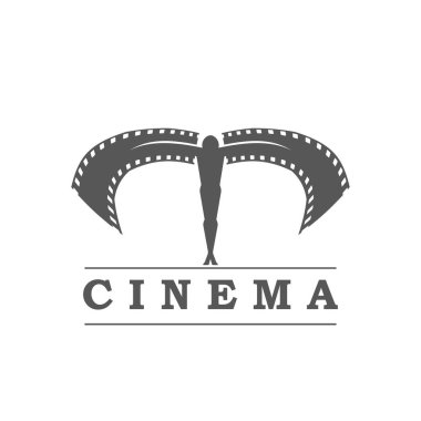 Sinema ikonu, sinema filmi ya da sinematografi stüdyo vektör amblemi ve erkek ve film kanatları. Sinema yapım stüdyosu veya sinematografi veya televizyon kanalı için sinema sembolü