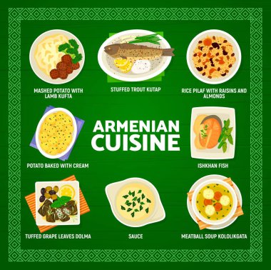 Ermeni mutfak menüsü, yemek ve yemekler, vektör öğle ve akşam yemeği. Ermeni mutfağı menüsü doldurulmuş alabalık kutap, kuru üzüm ve bademli pirinç pilavı, dolma yaprağı.