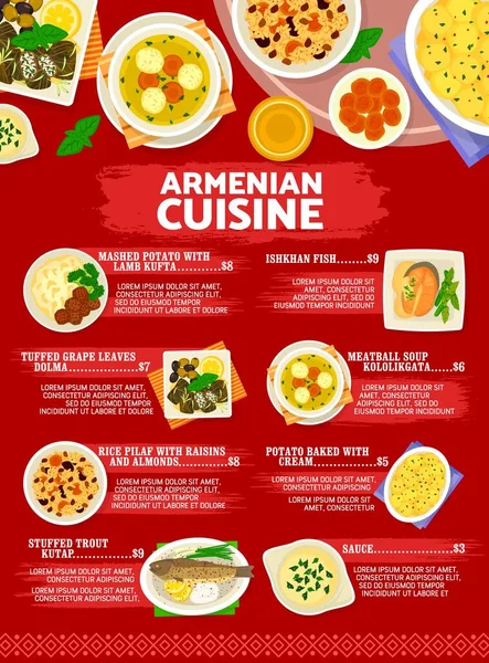 Ermeni Mutfağı Menüsü Ermenistan Yemekleri Vektör Posteri Geleneksel Pirinç Pilavlı — Stok Vektör