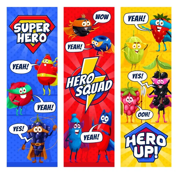 Cartoon Superhero Berry Characters Hero Squad Vector Banners Bookmarks Super — Stock Vector