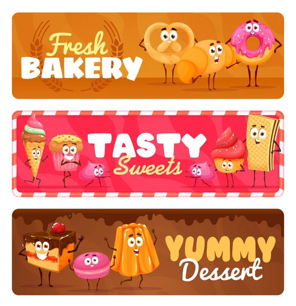 Cartoon Sweets Bakery Desserts Characters Vector Banners Ice Cream Pretzel — Stock Vector