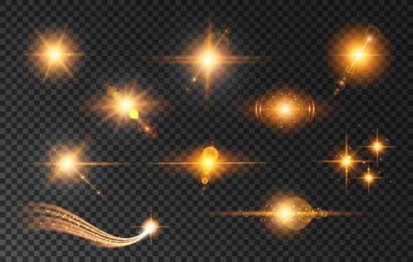 レンズフレア 星の光と黄金の輝き 透明背景に輝く効果の絶縁ベクトルセット 現実的な明るいゴールドグレア 黄色のビーム 星や太陽エネルギー — ストックベクタ
