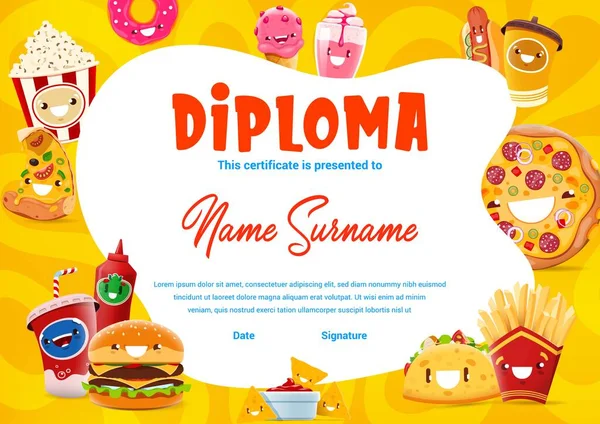 Bambini Diploma Divertente Cartone Animato Asporto Personaggi Fast Food Cornice — Vettoriale Stock
