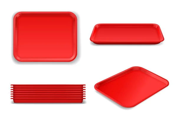 Mockup Bandeja Plástico Vermelho Para Comida Almoço Retângulo Isolado Salver —  Vetores de Stock