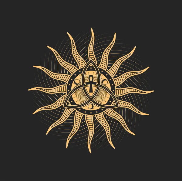 Triquetra Hilal Ankh Güneş Işınları Esrarengiz Okült Pentagram Sihirli Tarot — Stok Vektör